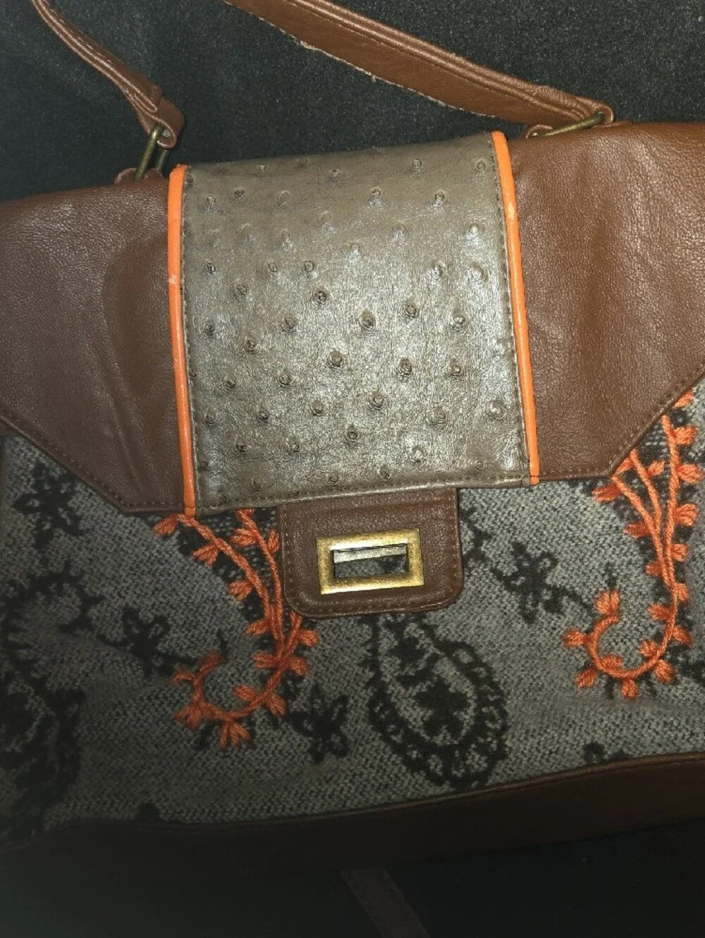 Textured Brown and Orange Embroidered Crossbody Satchel